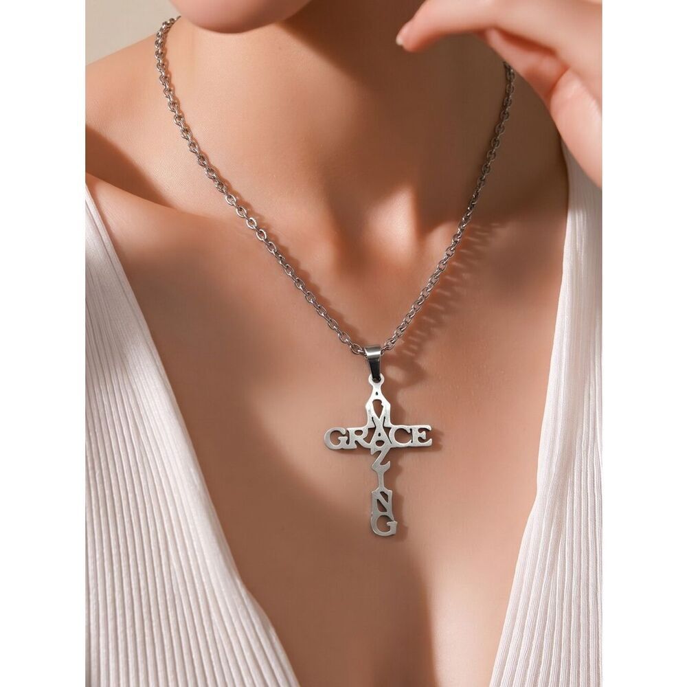 Stainless Steel Amazing Grace Cross Pendant Christian Necklace Religious Jewelry